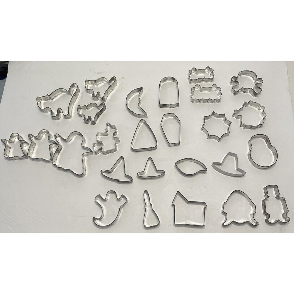 Vtg 26 Metal Cookie Cutters Halloween Cat Ghost Witch Hat Moon Tombstone Eye